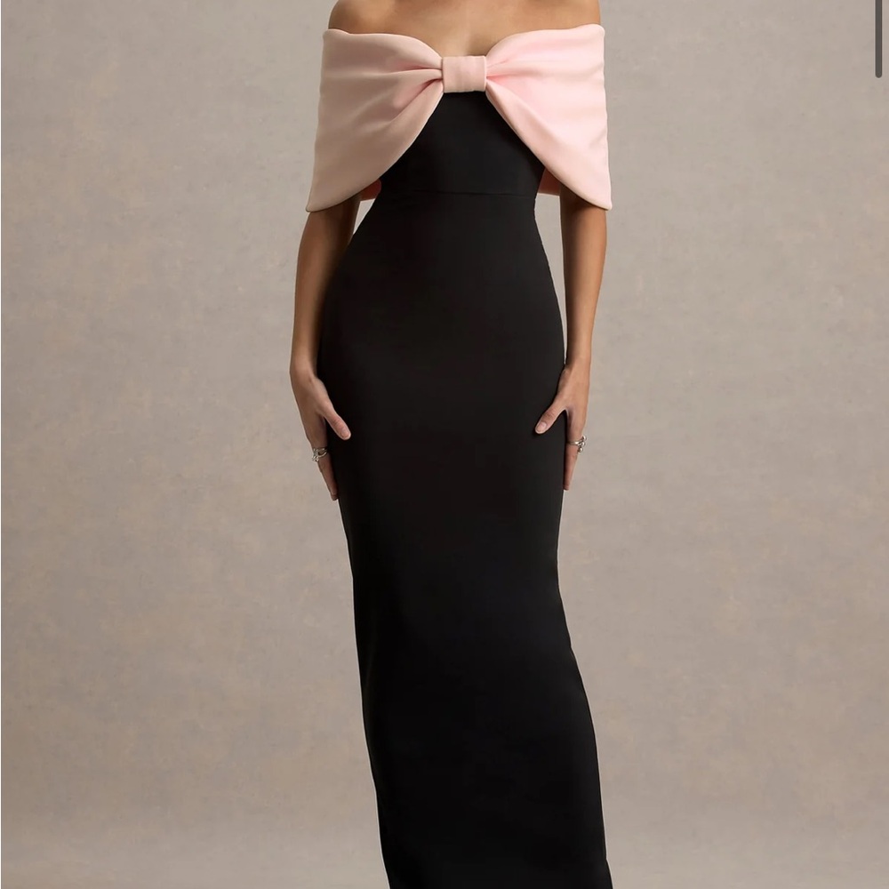 Club L London Black Off-Shoulder Gown with Pink Bow